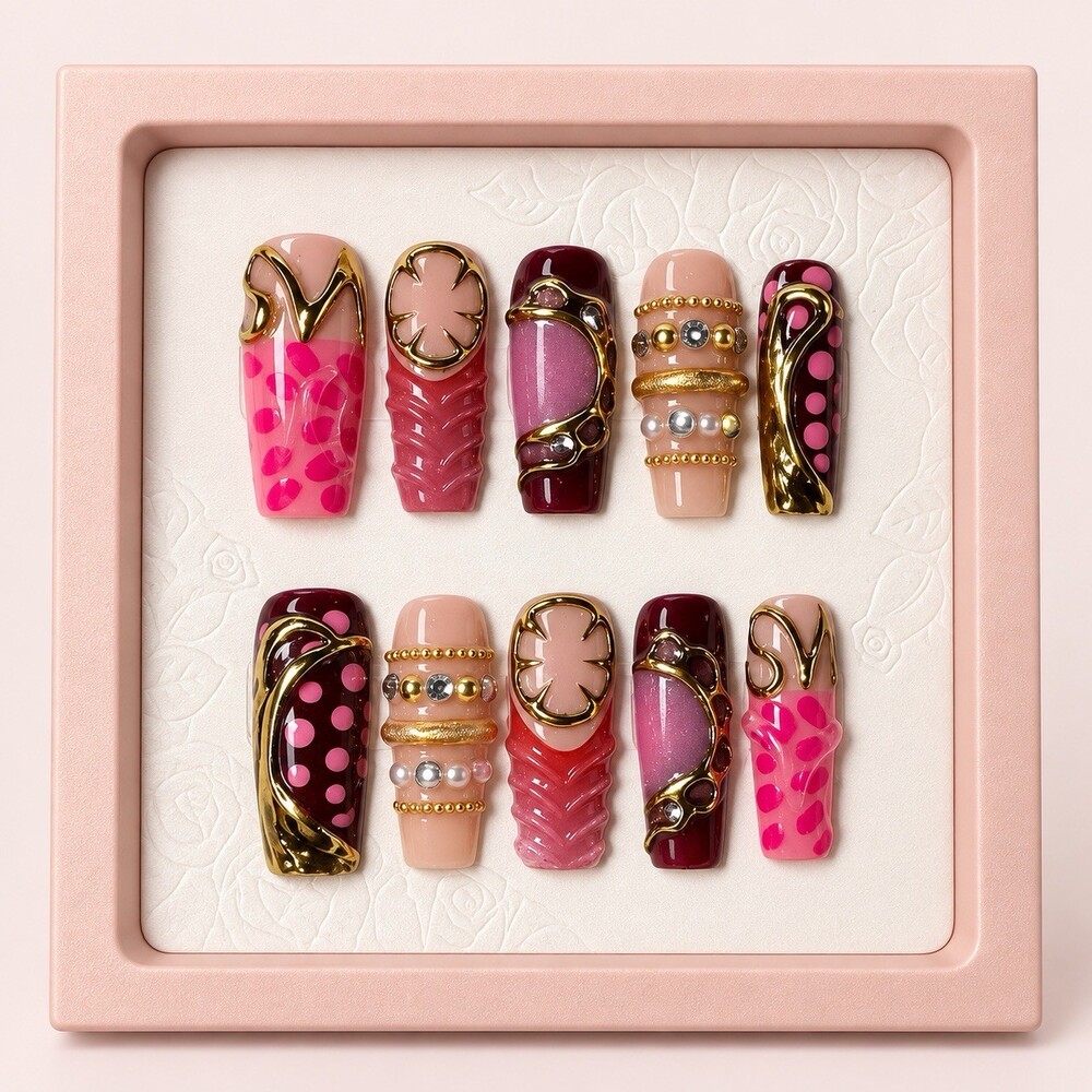 Reusable Pink Gold Press On Nails Size S Square Rhinestone 3D Set #009